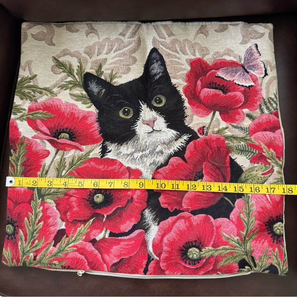 Black Cat & Poppies Jaquard Textile Throw Pillow Cover Case - Picture 6 of 7